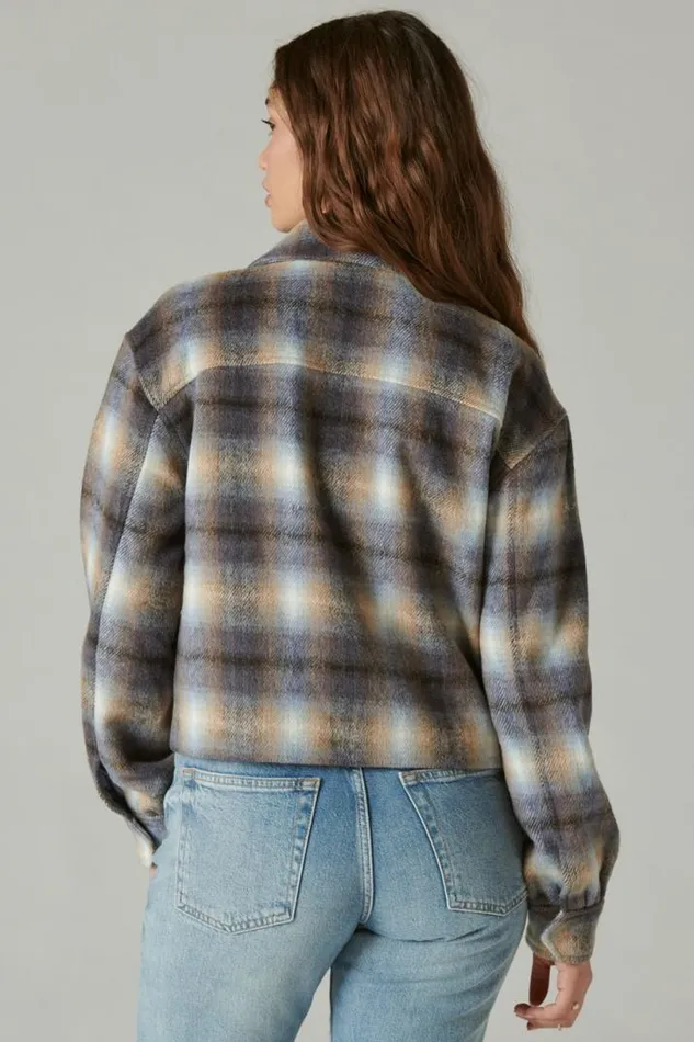 Women Lucky Brand Jackets and Outerwear Cropped Plaid Jacket Blue Multi Plaid