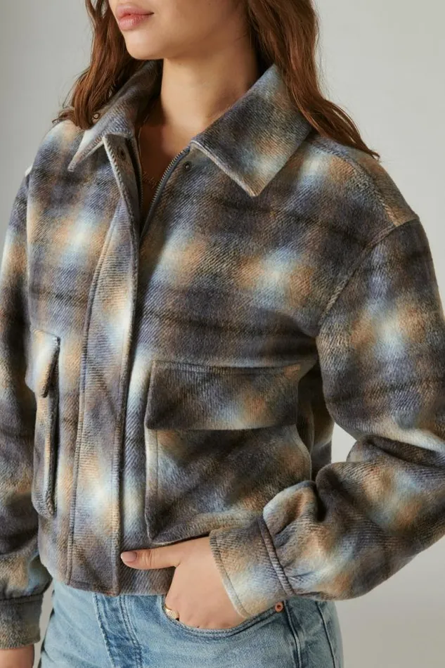 Women Lucky Brand Jackets and Outerwear Cropped Plaid Jacket Blue Multi Plaid