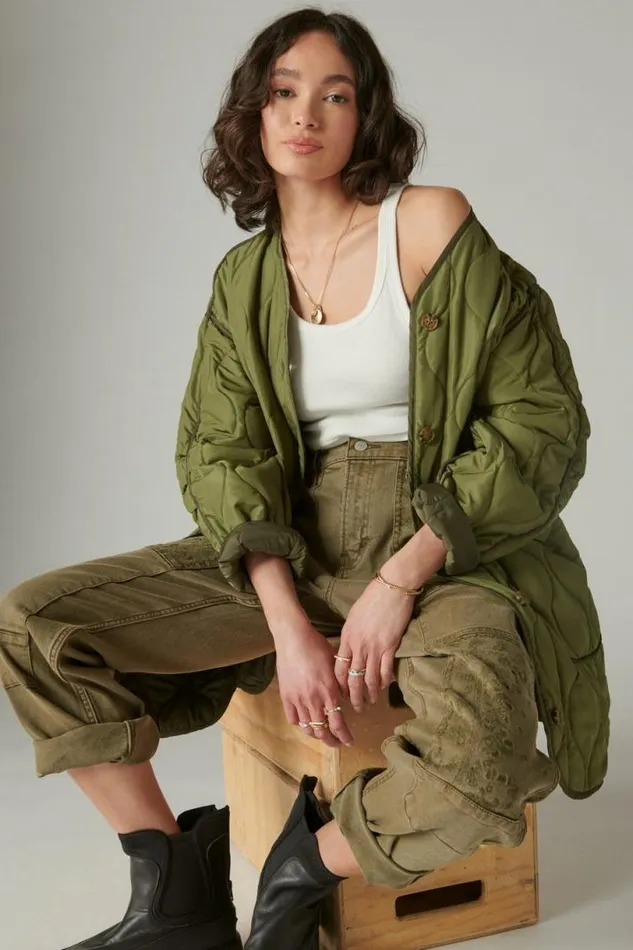 Women Lucky Brand Jackets and Outerwear Longline Quilted Liner Jacket Olive