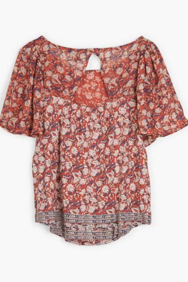 Women Lucky Brand Knit Tops Mixed Media Flutter Slv Red Multi