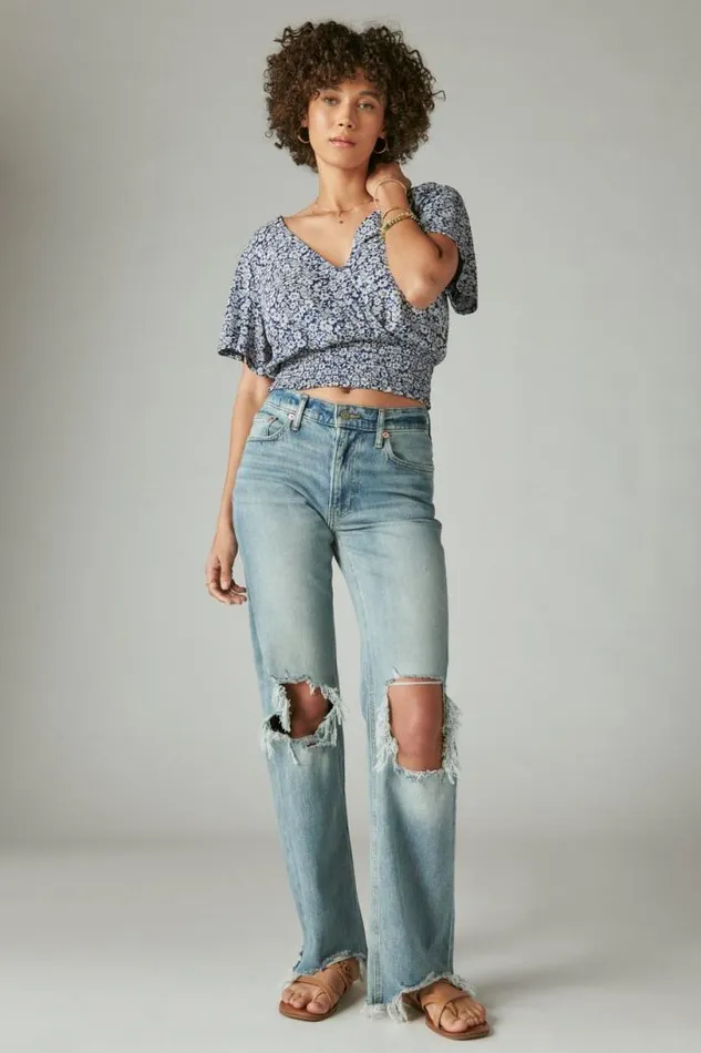 Women Lucky Brand Knit Tops Printed Surplice Top Blue Multi