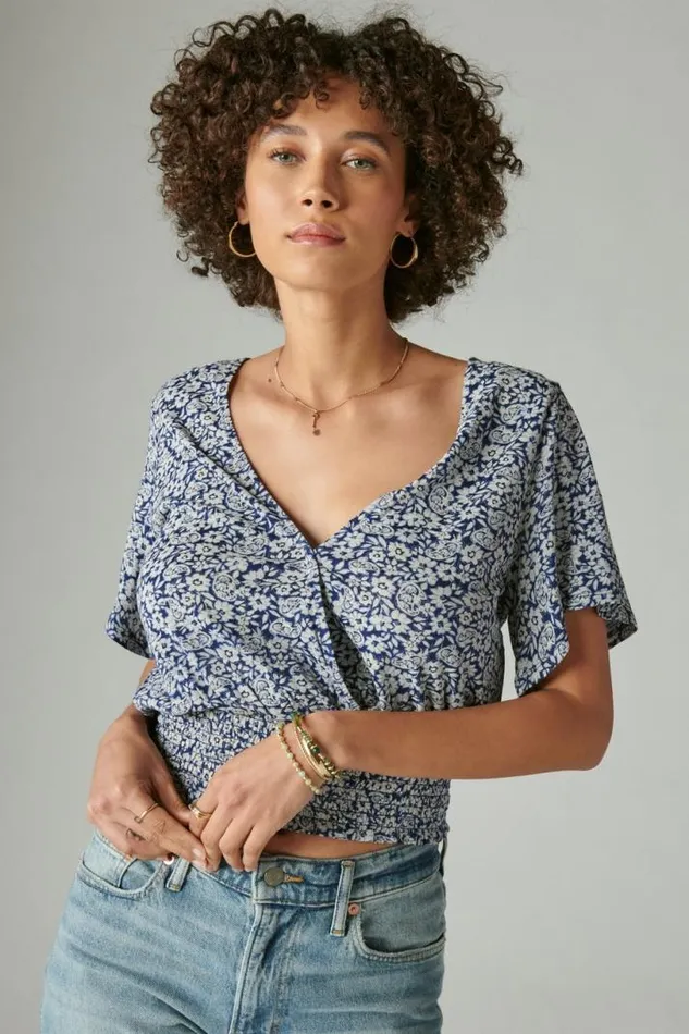 Women Lucky Brand Knit Tops Printed Surplice Top Blue Multi