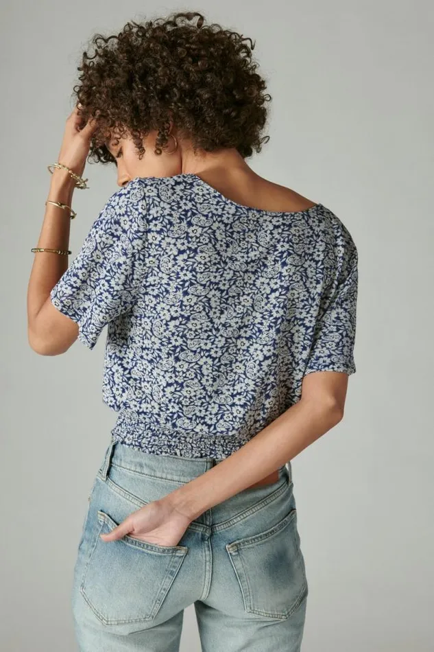 Women Lucky Brand Knit Tops Printed Surplice Top Blue Multi
