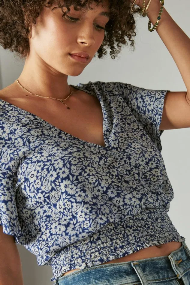 Women Lucky Brand Knit Tops Printed Surplice Top Blue Multi