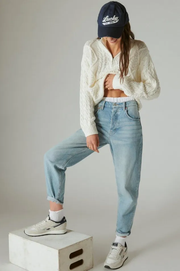 Women Lucky Brand Sweaters and Sweatshirts Cable Zip Mock Neck Sweater Egret
