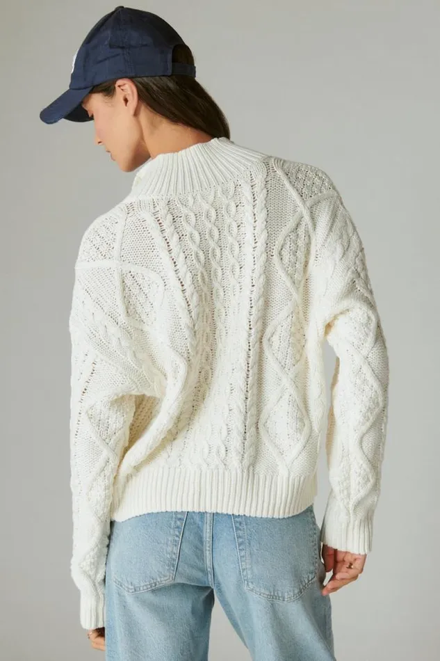 Women Lucky Brand Sweaters and Sweatshirts Cable Zip Mock Neck Sweater Egret