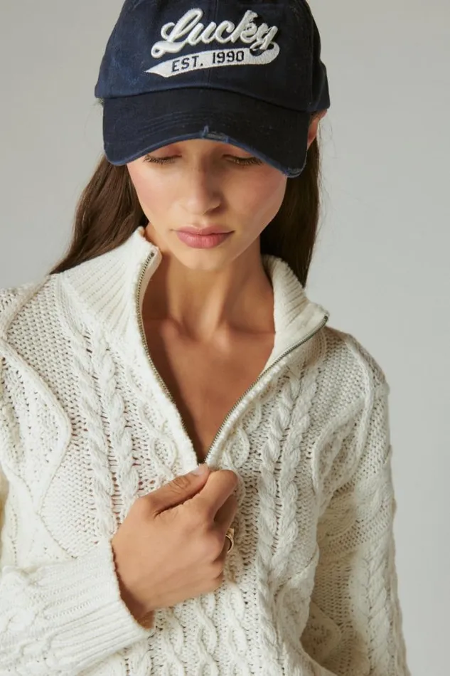 Women Lucky Brand Sweaters and Sweatshirts Cable Zip Mock Neck Sweater Egret