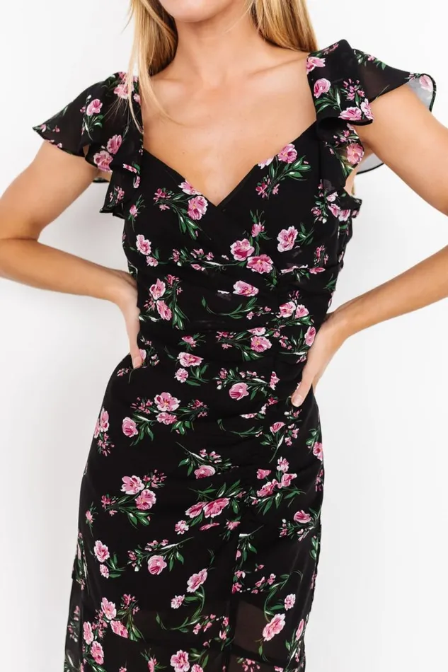 Women Mariana Ruched Midi Dress Black Floral Baltic Born Midi Dresses Women Mariana Ruched Midi Dress Black Floral Baltic Born Midi Dresses