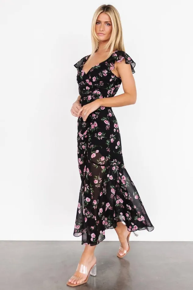 Women Mariana Ruched Midi Dress Black Floral Baltic Born Midi Dresses Women Mariana Ruched Midi Dress Black Floral Baltic Born Midi Dresses