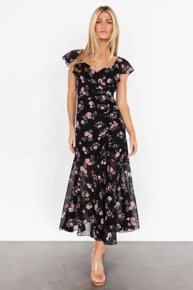 Women Mariana Ruched Midi Dress Black Floral Baltic Born Midi Dresses Women Mariana Ruched Midi Dress Black Floral Baltic Born Midi Dresses