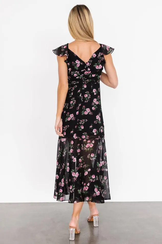 Women Mariana Ruched Midi Dress Black Floral Baltic Born Midi Dresses Women Mariana Ruched Midi Dress Black Floral Baltic Born Midi Dresses