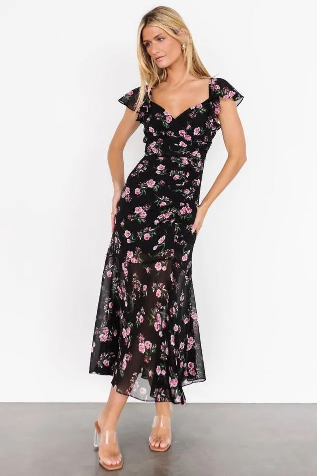 Women Mariana Ruched Midi Dress Black Floral Baltic Born Midi Dresses Women Mariana Ruched Midi Dress Black Floral Baltic Born Midi Dresses