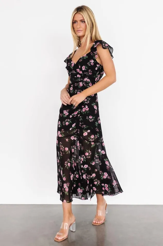 Women Mariana Ruched Midi Dress Black Floral Baltic Born Midi Dresses Women Mariana Ruched Midi Dress Black Floral Baltic Born Midi Dresses