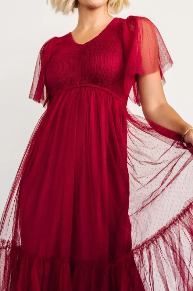 Women Martha Smocked Tulle Dress Wine Baltic Born Tulle Styles