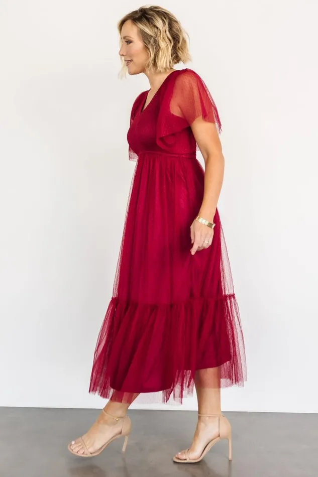 Women Martha Smocked Tulle Dress Wine Baltic Born Tulle Styles