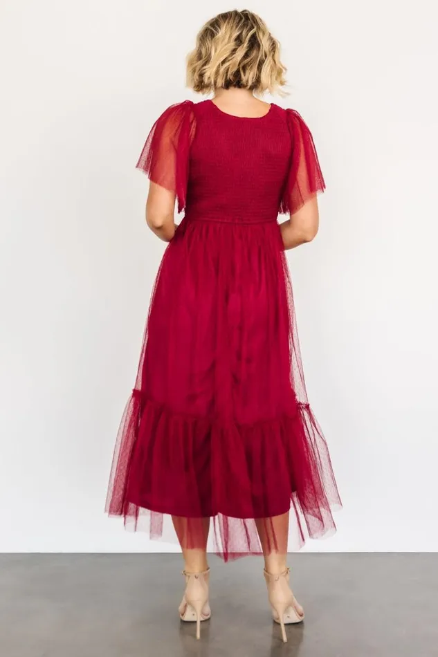 Women Martha Smocked Tulle Dress Wine Baltic Born Tulle Styles