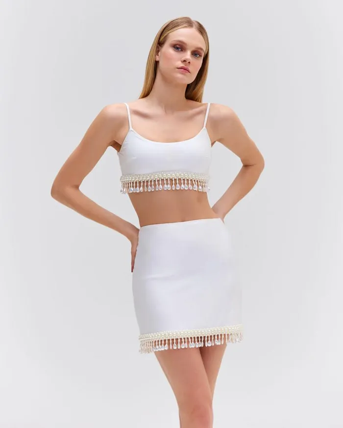 Women Matching Sets PatBO HANDBEADED CROPPED TOP White