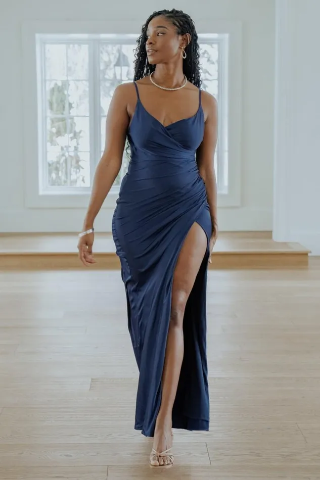 Women Monet Satin Gown Navy Baltic Born Maxi Dresses
