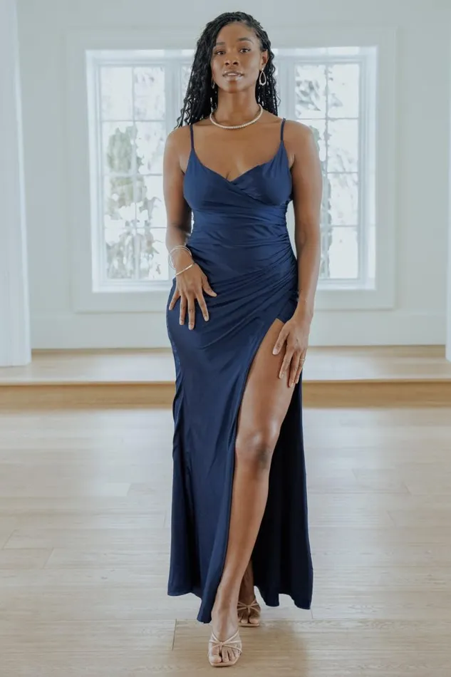 Women Monet Satin Gown Navy Baltic Born Maxi Dresses
