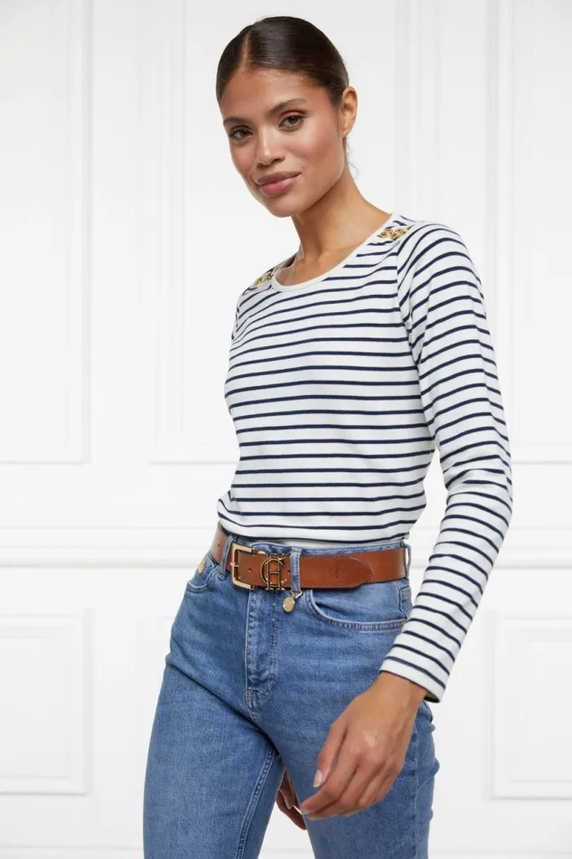 Women Padstow Long Sleeve Crew Neck Tee Natural Ink Navy Stripe Holland Cooper Tops