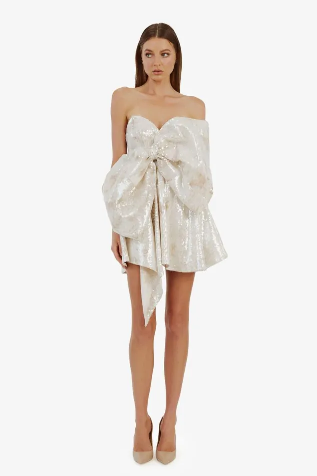 Women Party Dresses Bardot Brydie Bow Mini Dress In Nude Nude