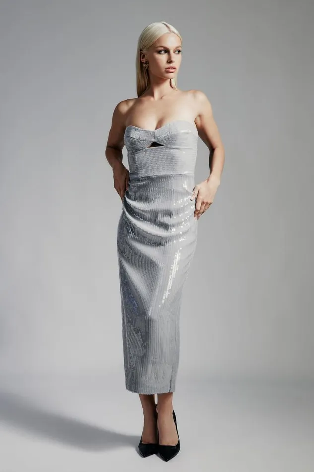 Women Party Dresses Bardot Cerise Sequin Midi Dress In Dove Grey Dove Grey