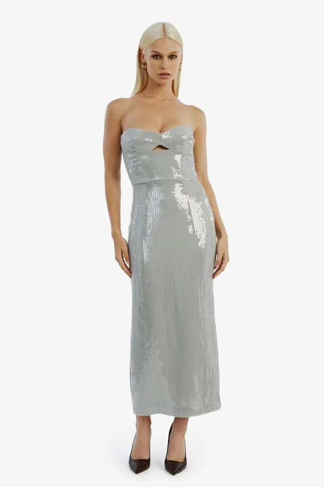 Women Party Dresses Bardot Cerise Sequin Midi Dress In Dove Grey Dove Grey Women Party Dresses Bardot Cerise Sequin Midi Dress In Dove Grey Dove Grey