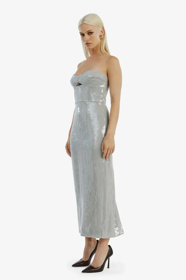 Women Party Dresses Bardot Cerise Sequin Midi Dress In Dove Grey Dove Grey Women Party Dresses Bardot Cerise Sequin Midi Dress In Dove Grey Dove Grey