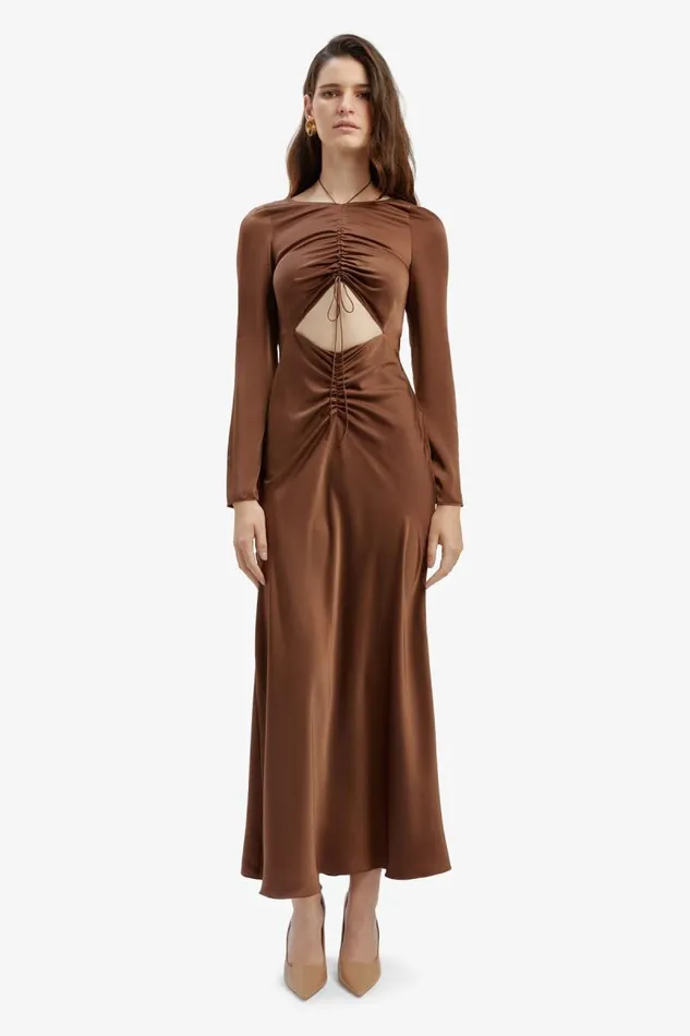 Women Party Dresses Bardot Daring Satin Midi Dress In Chocolate Chocolate Women Party Dresses Bardot Daring Satin Midi Dress In Chocolate Chocolate