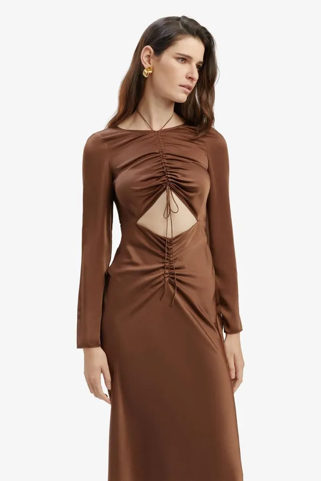 Women Party Dresses Bardot Daring Satin Midi Dress In Chocolate Chocolate Women Party Dresses Bardot Daring Satin Midi Dress In Chocolate Chocolate