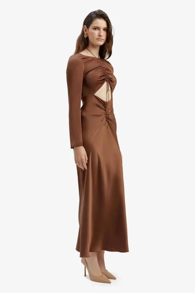 Women Party Dresses Bardot Daring Satin Midi Dress In Chocolate Chocolate Women Party Dresses Bardot Daring Satin Midi Dress In Chocolate Chocolate