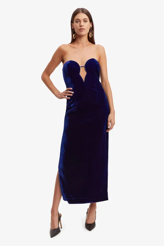 Women Party Dresses Bardot Lilah Velour Midi Dress In Vibrant Blue Vibrant Blue