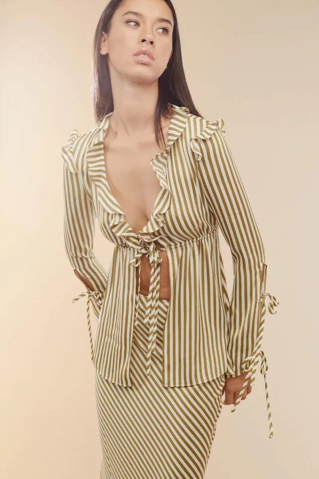 Women Party Tops Bardot Dhalia Frill Blouse In Green Str Green Str