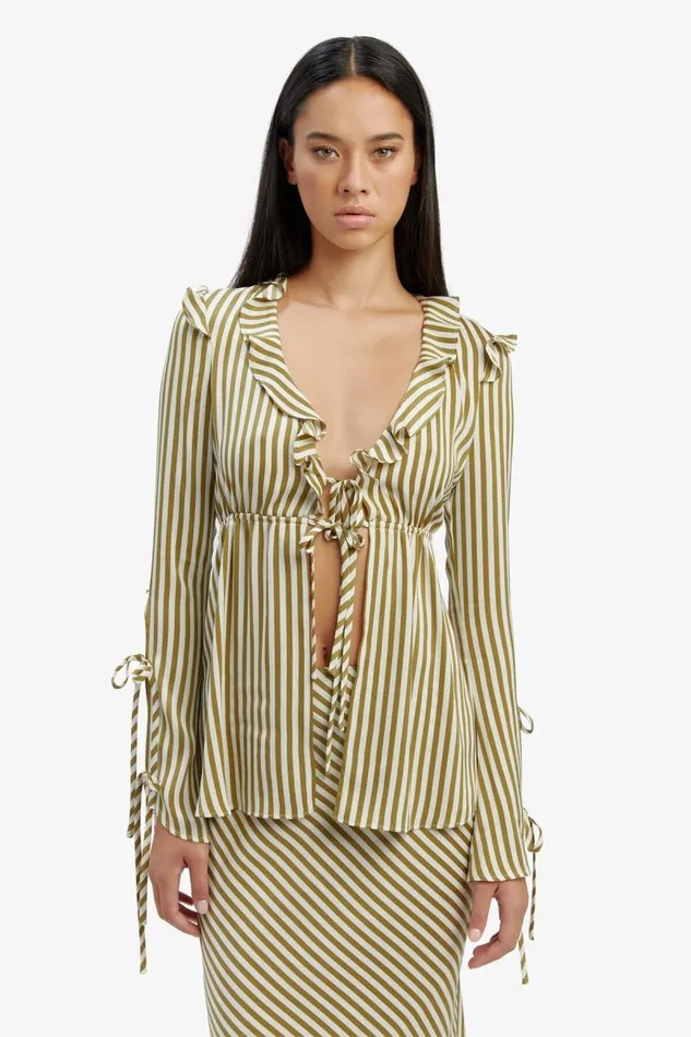 Women Party Tops Bardot Dhalia Frill Blouse In Green Str Green Str Women Party Tops Bardot Dhalia Frill Blouse In Green Str Green Str