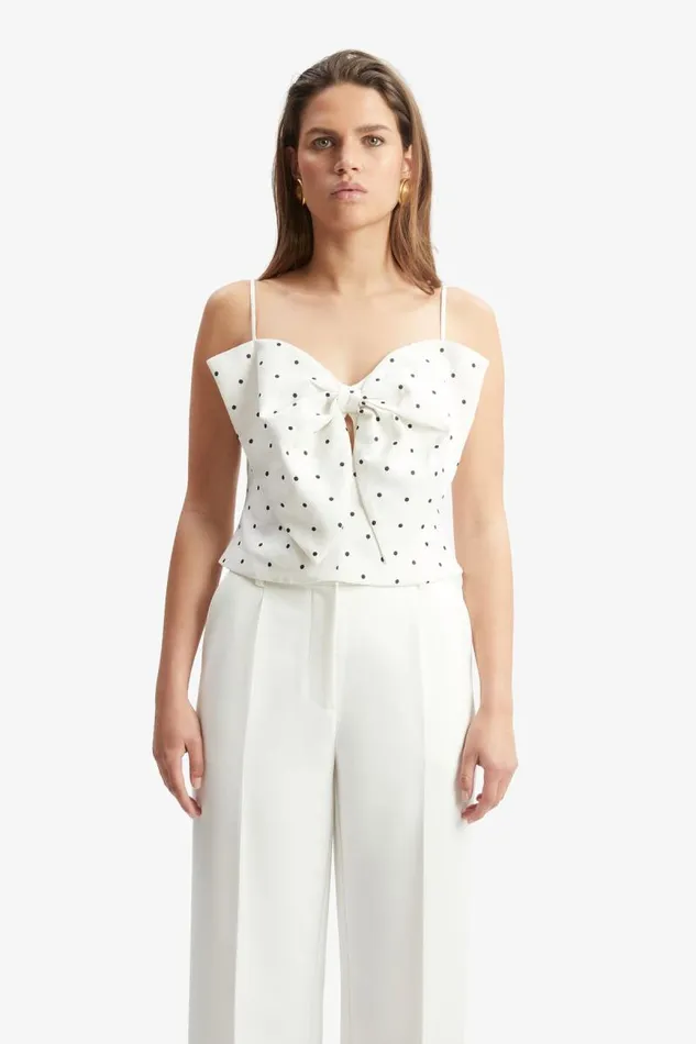 Women Party Tops Bardot Vieda Linen Bow Front Top In White Spot White Spot