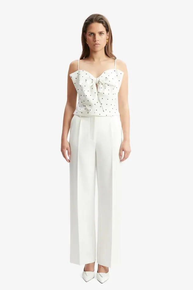 Women Party Tops Bardot Vieda Linen Bow Front Top In White Spot White Spot