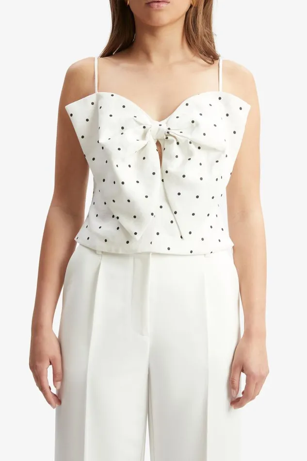 Women Party Tops Bardot Vieda Linen Bow Front Top In White Spot White Spot