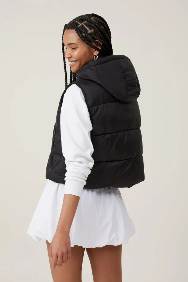 Women Puffers and Jackets Cotton On The Recycled Mother Hooded Puffer Vest 20 Black