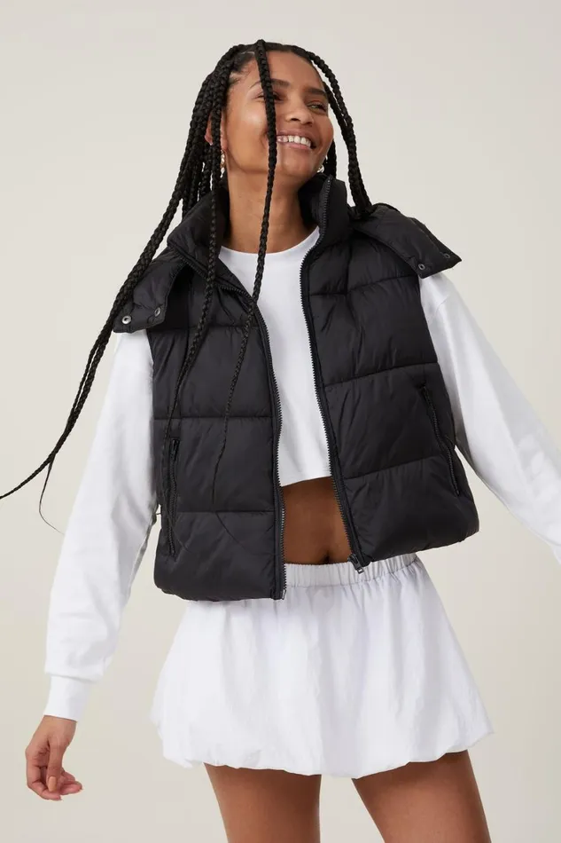 Women Puffers and Jackets Cotton On The Recycled Mother Hooded Puffer Vest 20 Black