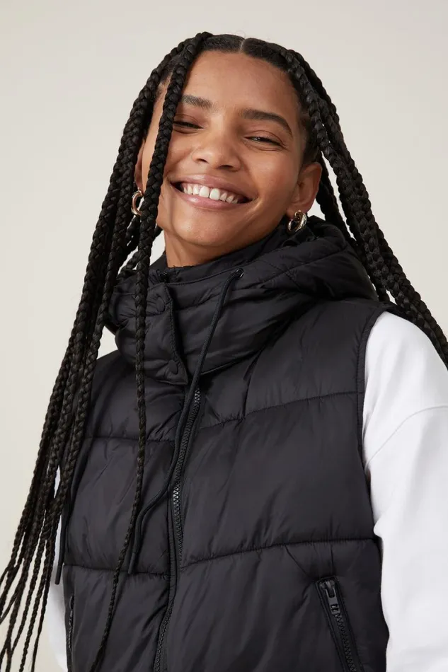 Women Puffers and Jackets Cotton On The Recycled Mother Hooded Puffer Vest 20 Black