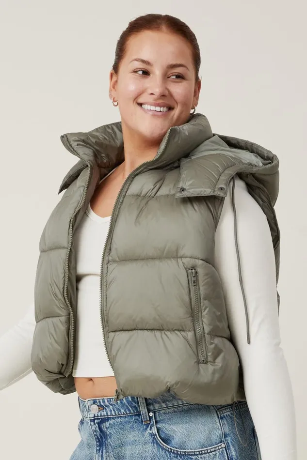 Women Puffers and Jackets Cotton On The Recycled Mother Hooded Puffer Vest 20 Dusty Khaki