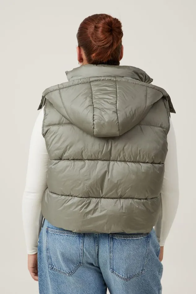 Women Puffers and Jackets Cotton On The Recycled Mother Hooded Puffer Vest 20 Dusty Khaki
