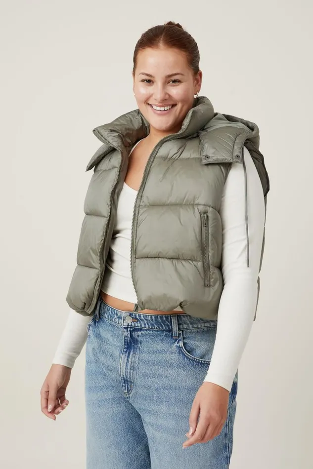 Women Puffers and Jackets Cotton On The Recycled Mother Hooded Puffer Vest 20 Dusty Khaki