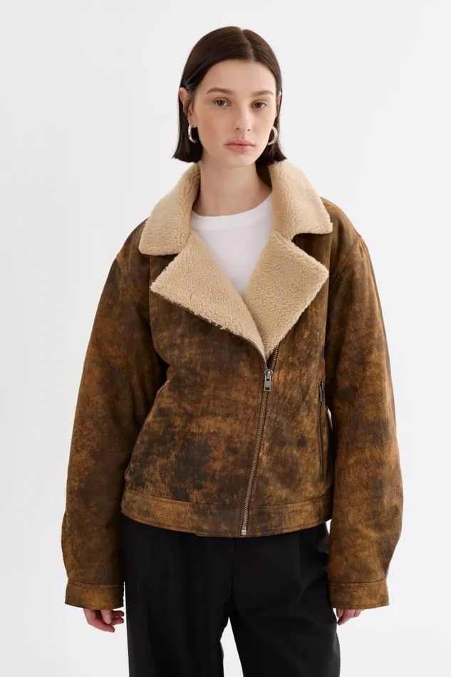 Women RUTHIE Sherpa Leather Jacket Rustic Amber LAMARQUE Leather Jackets