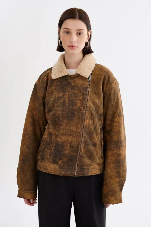 Women RUTHIE Sherpa Leather Jacket Rustic Amber LAMARQUE Leather Jackets