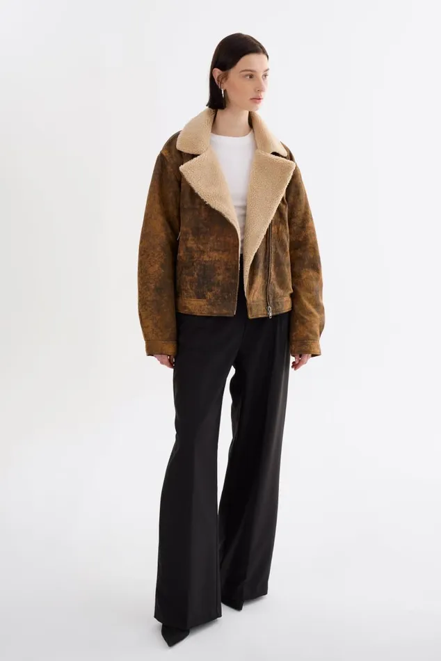 Women RUTHIE Sherpa Leather Jacket Rustic Amber LAMARQUE Leather Jackets