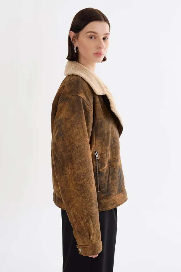 Women RUTHIE Sherpa Leather Jacket Rustic Amber LAMARQUE Leather Jackets
