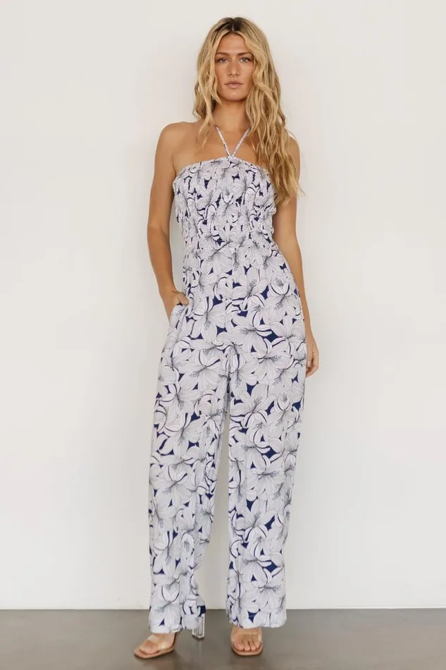 Women Santa Ana Halter Jumpsuit Navy White Baltic Born Jumpsuits and Rompers