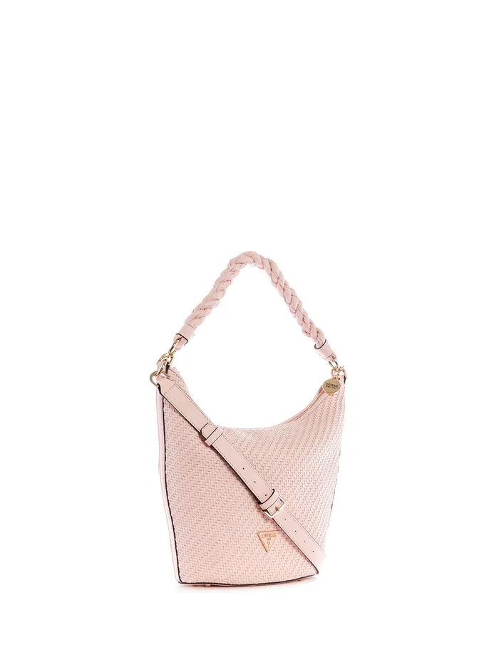 Women Satchel GUESS Pink Woven Hassie Bucket Hobo Satchel