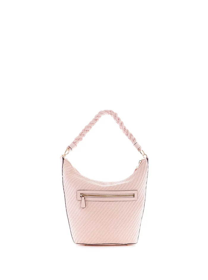 Women Satchel GUESS Pink Woven Hassie Bucket Hobo Satchel